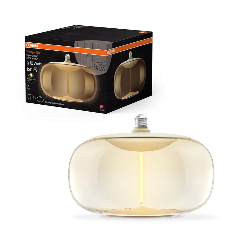 OSRAM Vintage 1906® Big Oval, Decorative LED lamp with Amber-Colored Glass, with new, Ultra-Slim and Magnetic Filament, E27 Base, 3.4 Watt, Warm White (2700K), Low Energy Consumption