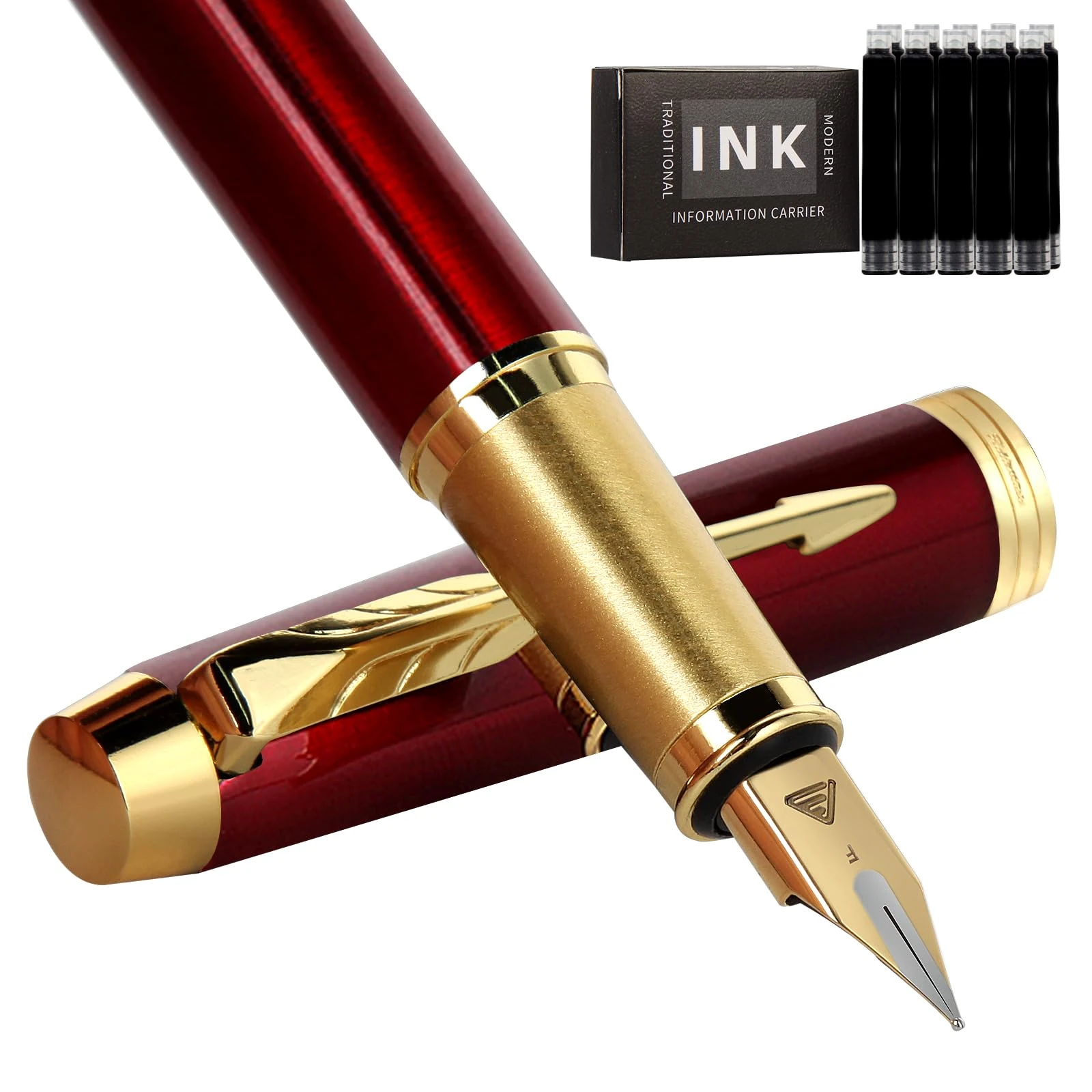 Zalantan Luxury Fountain Pen - Fine Point Smooth Writing Pen with Gift Case, 10 Black Ink Cartridges and Ink Converter