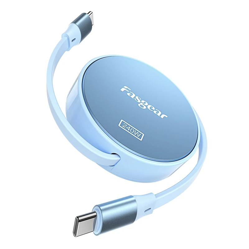 Fasgear 240W USB C to C Cable 3.3ft Retractable 5A Fast Charging Type C Cord for 100W USB C Charger [4-Stretch Length] Compatible with i-Phone 15 Pro Max, Le-novo Y7000P, Surface Pro 9 (Blue)
