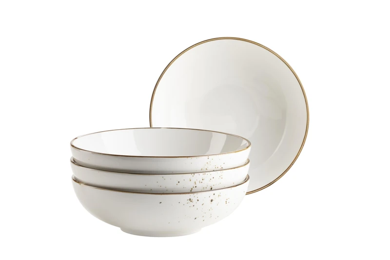 MÄSER Pintar Series High-Quality Bowl Set of 4 with Diameter 22 cm with Light Glaze, Visual Brown Speckles and Fine Edge in Vintage Handmade Look, Porcelain