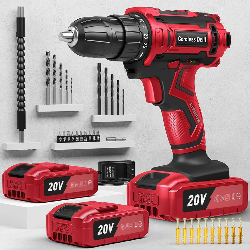 Cordless Drill 20V, Drill Bit Set with 42pcs Accessories and Battery 2.0Ah, Electric Screwdriver, 25+1 Position, 2 Speed, 3/8 Inch Keyless Chuck, LED Light, Power Drill for Home DIY and Garden Repair