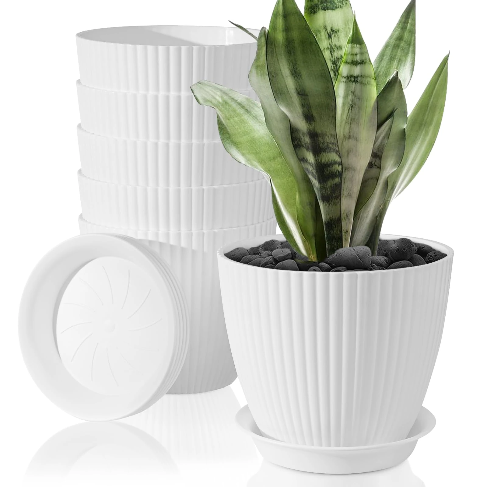 FORAGIFT 15cm Plant Pots Indoor, 6 Pack Stripe Grooves Plastic Flower Pots with Drainage Holes and Tray, Modern Decorative Planter Pot for All House Plants, White