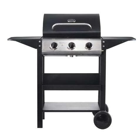 Muvip Brand Gas Barbecues Model 3 Fire Gas Barbecue – 1211 x 586 x 1077 mm – Enamelled Grates, Side Trays, Thermometer on Lid – Black