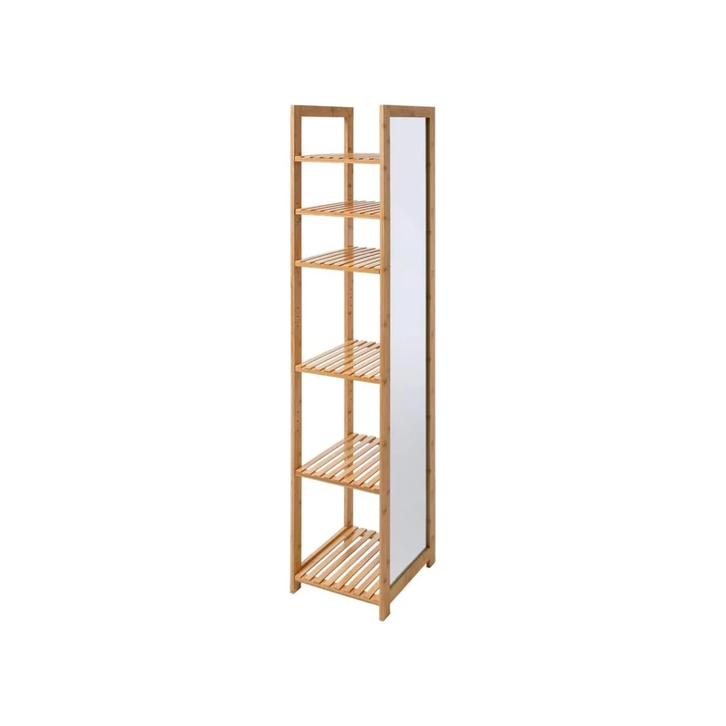 Avilia Shelf with Mirror for Bathroom – Shelf with 5 Shelves and Mirror for Bedroom, Bamboo, 35 x 35 x 168 cm, Beige - Image 1