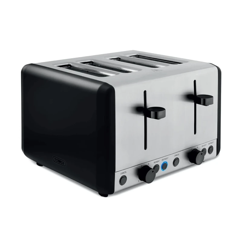 Tower T20086BLK Sera 4 Slice Toaster with 6 Browning Levels, Removable Crumb Tray, Defrost/Reheat/Cancel Functions, 1800W, Black