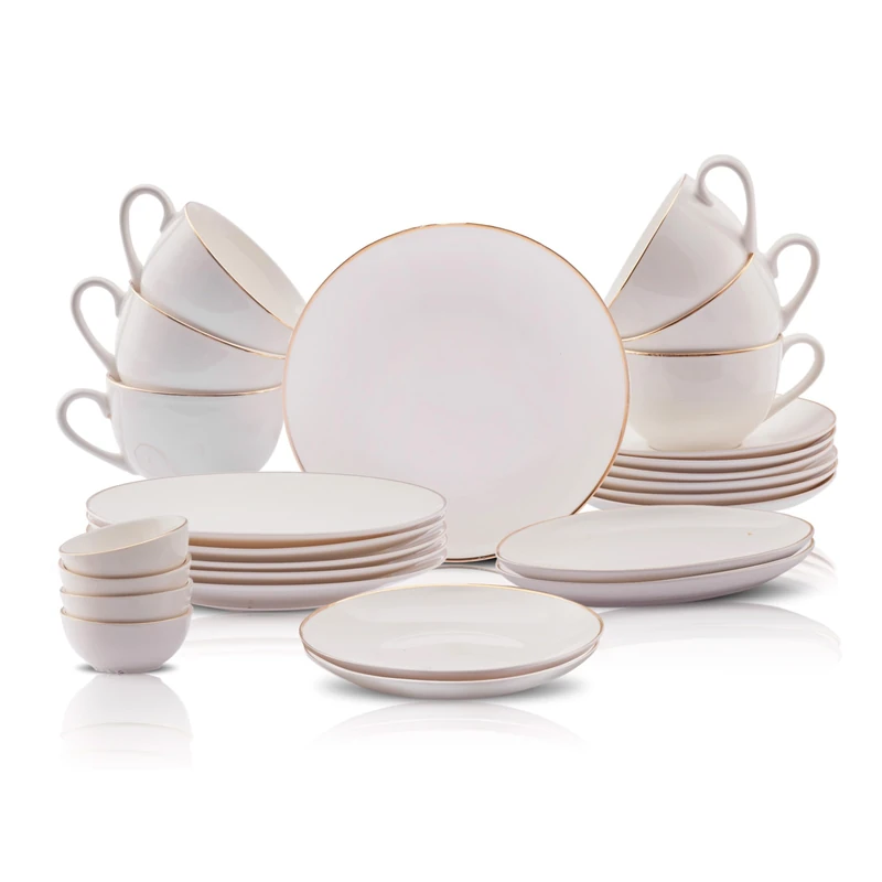 Karaca Marcelo Gold Breakfast Set for 6 People - 26-Piece Crockery Set with Plates and Bowls Set, New Generation Bone, Round Serveware Set & White Gold Dinner Set