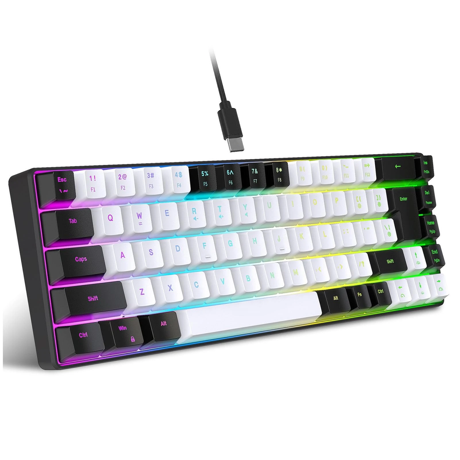 Compact USB Wired Gaming Keyboard - 68 Keys With RGB Backlit, Ergonomic Detachable Design for PC Computer Desktop (Black White)