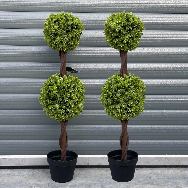 Leaf Artificial Boxwood Trees, Wood, 90cm Double Ball Pair