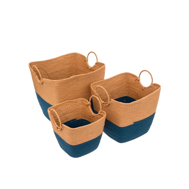 Set of 3 Storage Baskets for Bedroom – Set of 3 Magazine Baskets and Toys for Living Room, Wicker, 37 x 32.5 x 36 cm, 32 x 28 x 29.5 cm, 26.5 x 23 x 25 cm, Blue and Beige - Image 1