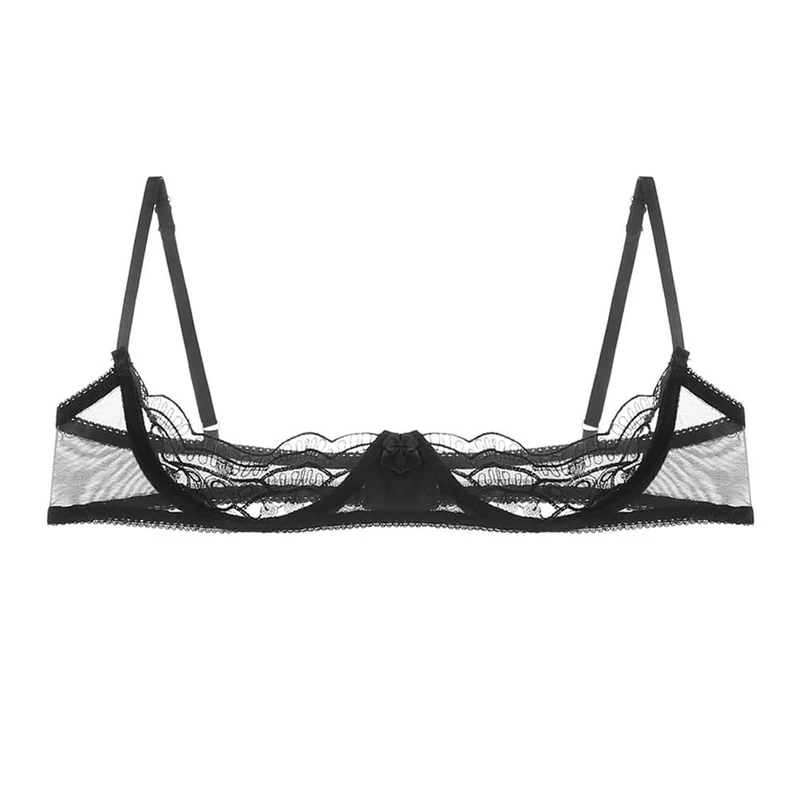 QIRUIRED Women Bras Sexy Lingerie Lace 1/4 Cups Unlined Womens Underwear See Through Lace Bra Adjustable Straps Push Up Underwire Bralette Sheer Lingerie Black