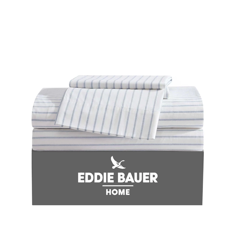 Eddie Bauer - Full Sheets, Cotton Percale Bedding Set, Crisp & Cool Home Decor (Essential Stripe White, Full)