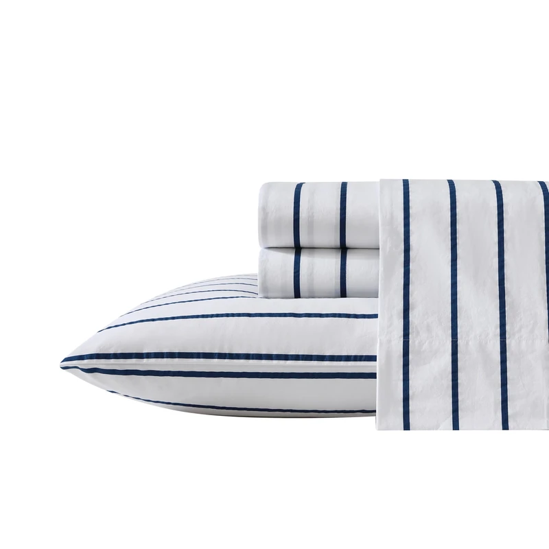 Nautica - King Sheet Set, Cotton Percale Bedding Set, Crisp & Cool, Lightweight & Breathable (Brenton Stripe Navy Blue, King)