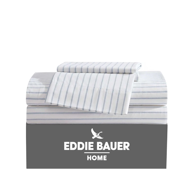 Eddie Bauer - King Sheets, Cotton Percale Bedding Set, Crisp & Cool Home Decor (Essential Stripe White, King)