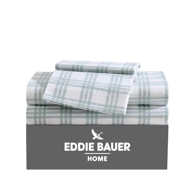 Eddie Bauer - King Sheets, Cotton Percale Bedding Set, Crisp & Cool Home Decor (Light Green Plaid, King)