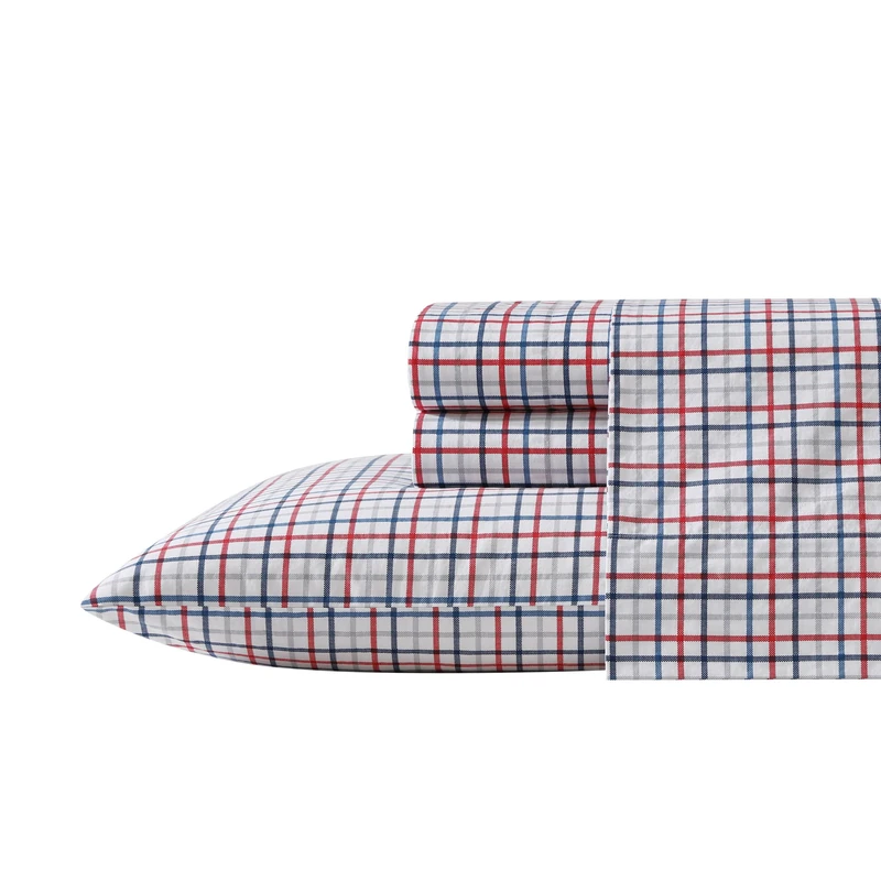 Nautica - Twin XL Sheet Set, Cotton Percale Bedding Set, Crisp & Cool, Lightweight & Breathable (Boating Tattersall Red, Twin XL) - Image 1