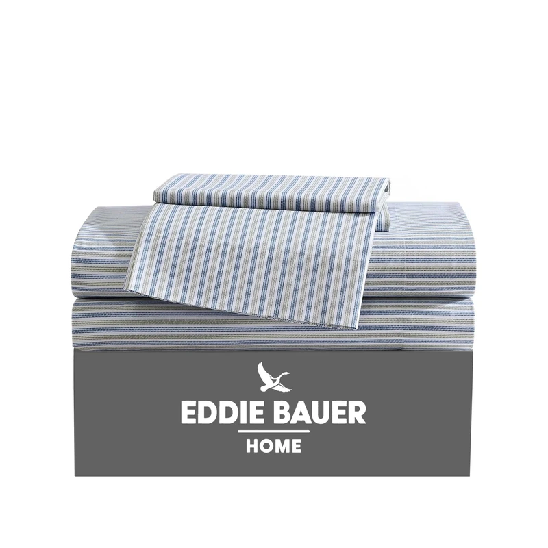 Eddie Bauer - Full Sheets, Cotton Percale Bedding Set, Crisp & Cool Home Decor (Ticking Stripe Navy/Green, Full)
