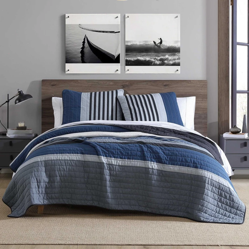 Nautica - Queen Quilt Set, Reversible Cotton Bedding with Matching Shams, Bold & Striking Home Decor for All Seasons (Rendon Charcoal, Queen)