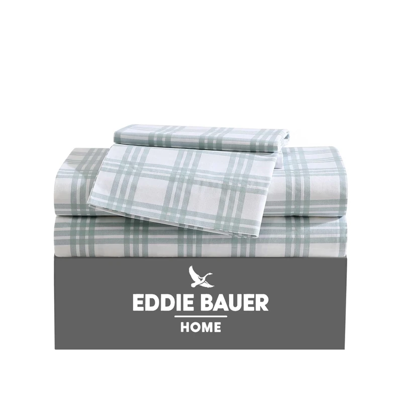 Eddie Bauer - Queen Sheets, Cotton Percale Bedding Set, Crisp & Cool Home Decor (Light Green Plaid, Queen)