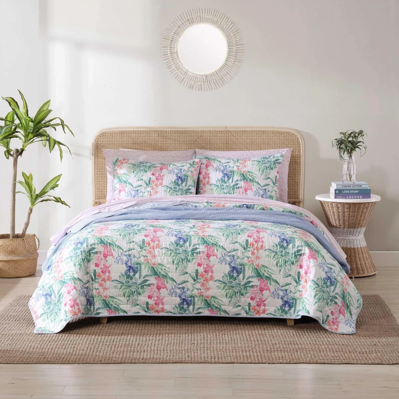 Tommy Bahama - Queen Quilt Set, Reversible Cotton Bedding with Matching Shams, Colorful Botanical Home Decor (Island Orchid Pink, Queen)