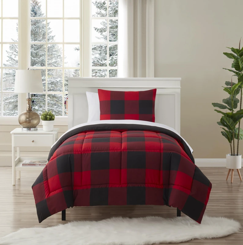 Sweet Home Collection Ultra Soft Down Alternative Set & Luxurious Bed Sheets, Polyester, Buffalo Plaid Burgundy/Black, Twin