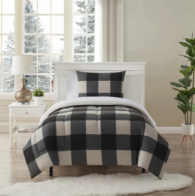 Sweet Home Collection Ultra Soft Down Alternative Set & Luxurious Bed Sheets, Polyester, Buffalo Plaid Black/Gray, Twin