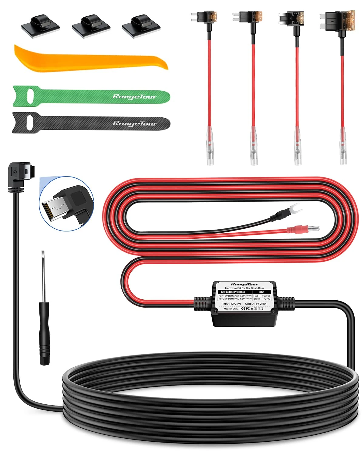 Range Tour Dash Cam Hardwire Kit, Hard Wiring Kit for Car Cam with Mini USB Port 4m Car Charger Power Cord 12V/24V to 5V Charger Cable with 4 Power Fuses Tap Adapters for Dashcam GPS etc