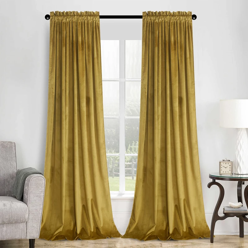 Roslynwood Velvet Gold Brown Curtain 120 inch Length - Curtains Block Light Rod Pocket Thermal Insulated Window Drapes Set for Living Room/Bedroom/Dining Room, W52 x L120, 2 Panels