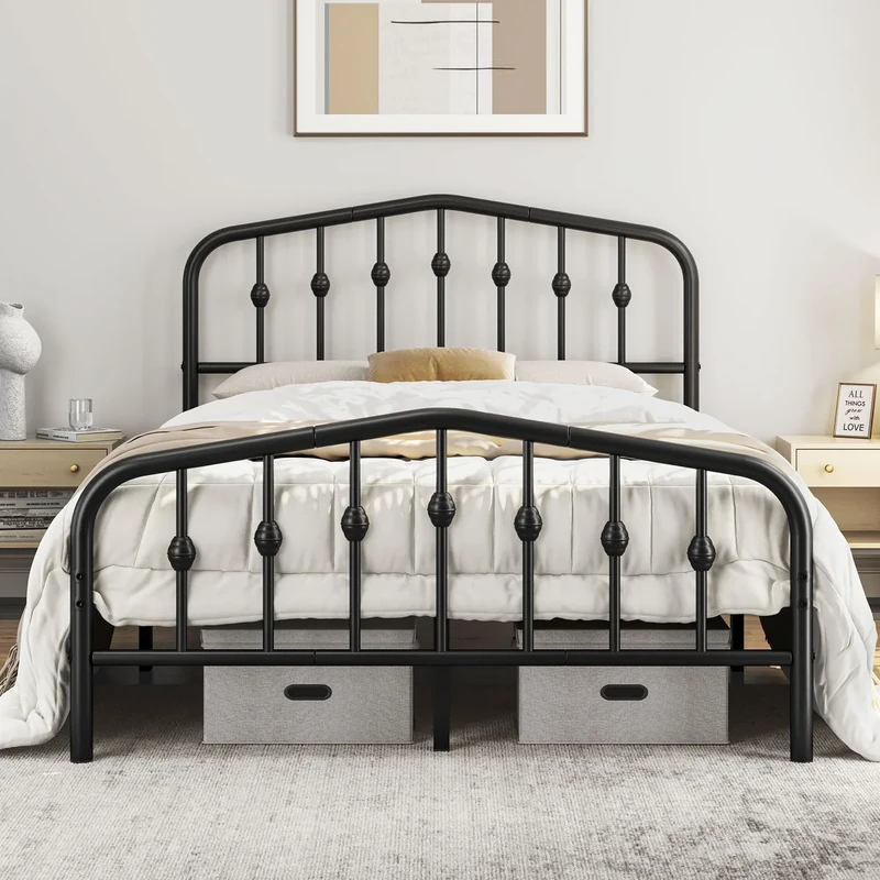 Yaheetech 4ft6 Double Bed Frames Slatted Metal Bed with Crown-inspired Design Headboard/Spacious Under-bed Storage Black