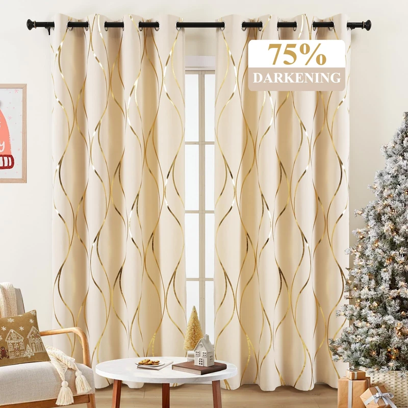 L.Z.E Velvet Room Darkening Curtains for Bedroom 108 Inches Long 2 Panels Set Cream 80% Blackout Curtains for Living Room Luxury Gold Foil Printed Wave Stripe Pattern Grommet Top (LZE2210WG8108)