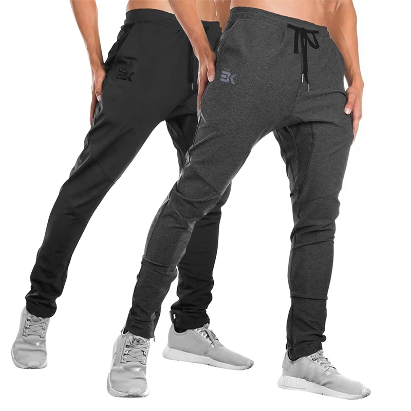 BROKIG 2Pack Mens Gym Joggers Sweatpants, Causal Slim Fit Running Trousers Tracksuit Jogging Bottoms with Double Pockets (Medium,2 Pack Black+Dark Grey)