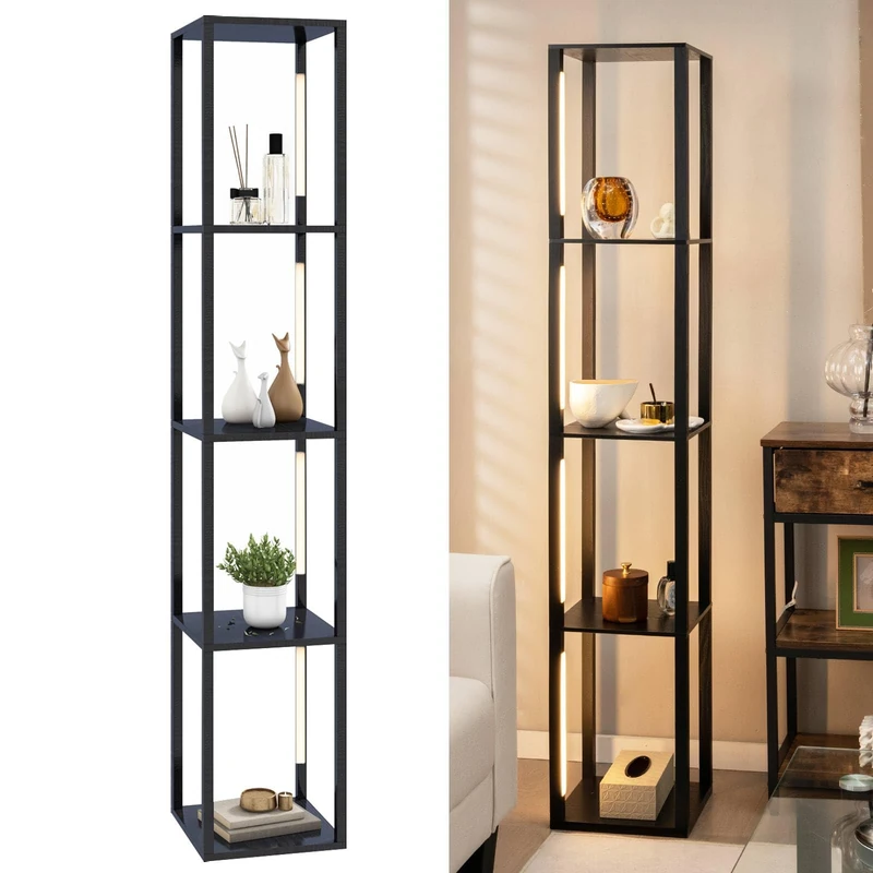GiantexUK Floor Lamp with Shelves, 3/4-Tier Standing Light with Rotatable Poles & 3 Level Brightness Adjustable LED Bulbs, Tall Display Lighting for Living Room Office (4 Layers, 4 LED Poles)