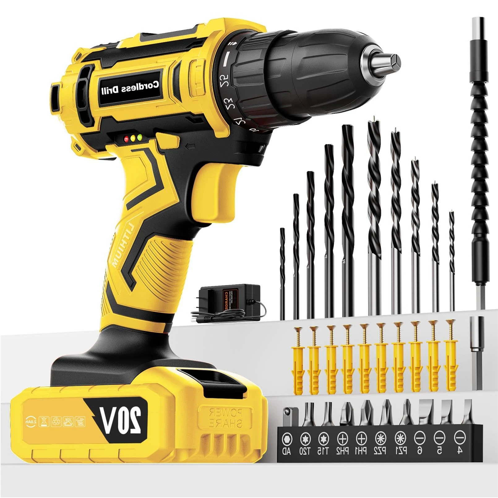 Cordless Drill, 20V, Drill with 2.0Ah Battery and 42 Accessories, 25+1 Position, 2 Variable Speeds, 3/8" Quick Release Chuck, LED Light for DIY and