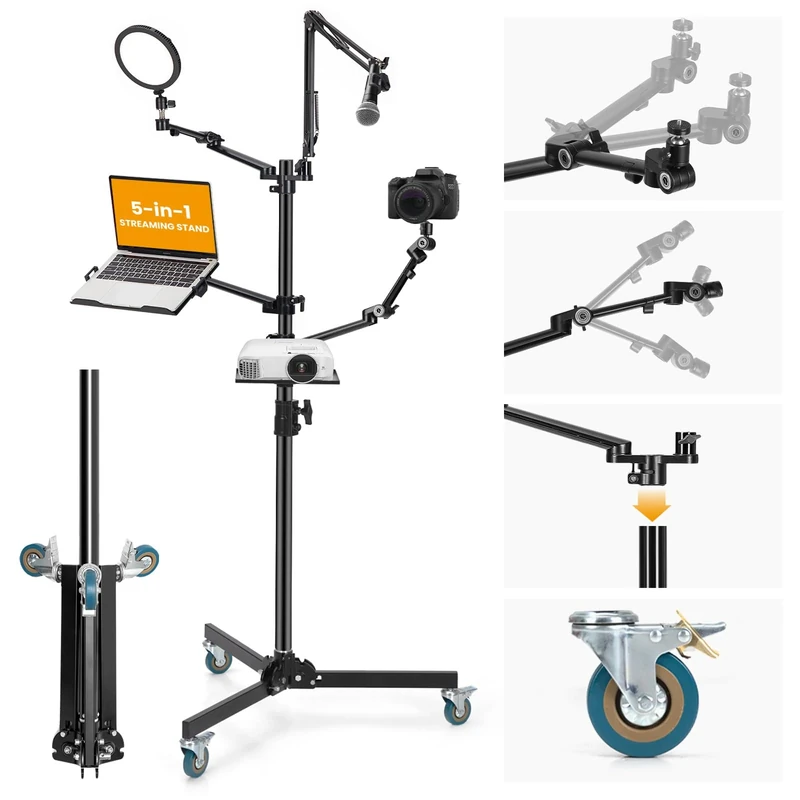 TARION Live Streaming Stand with Wheels - 61"/155cm 5-in-1 Stream Stand Equipment Kit: 1 Mic Boom + 3 Articulated Arms + 1 Projector Holder, Adjustable Heavy-duty Floor Live Tree Setup TitanRig