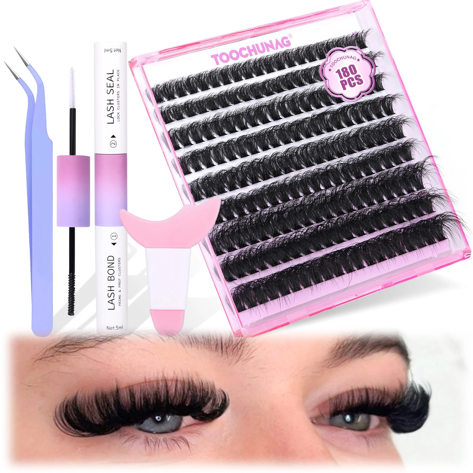 80D Fluffy Individual Eyelashes Extension Kit DD Curl Lash Clusters Kit Russian Cluster Lashes DIY Lash Extension Kit with Lash Bond and Seal and Eyelashes Tools&Tweezers by TOOCHUNAG(10-18mm,180pcs)