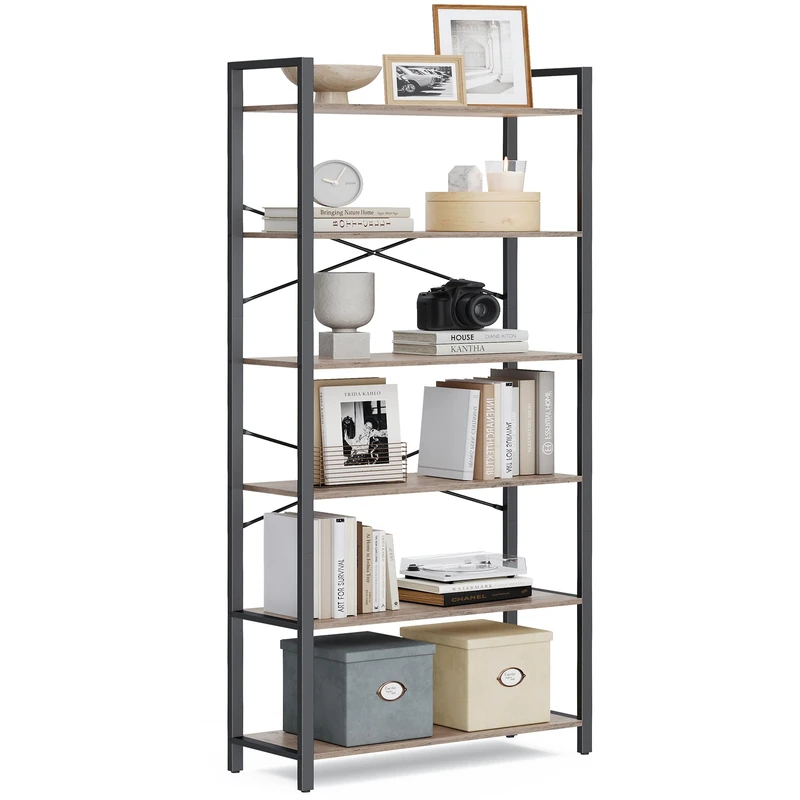 VASAGLE 6-Tier Bookshelf, Bookcase, Shelving Unit, for Office, Study, Living Room, Bedroom, 30 x 80 x 186 cm, Industrial, Heather Greige and Ink Black LLS082B02