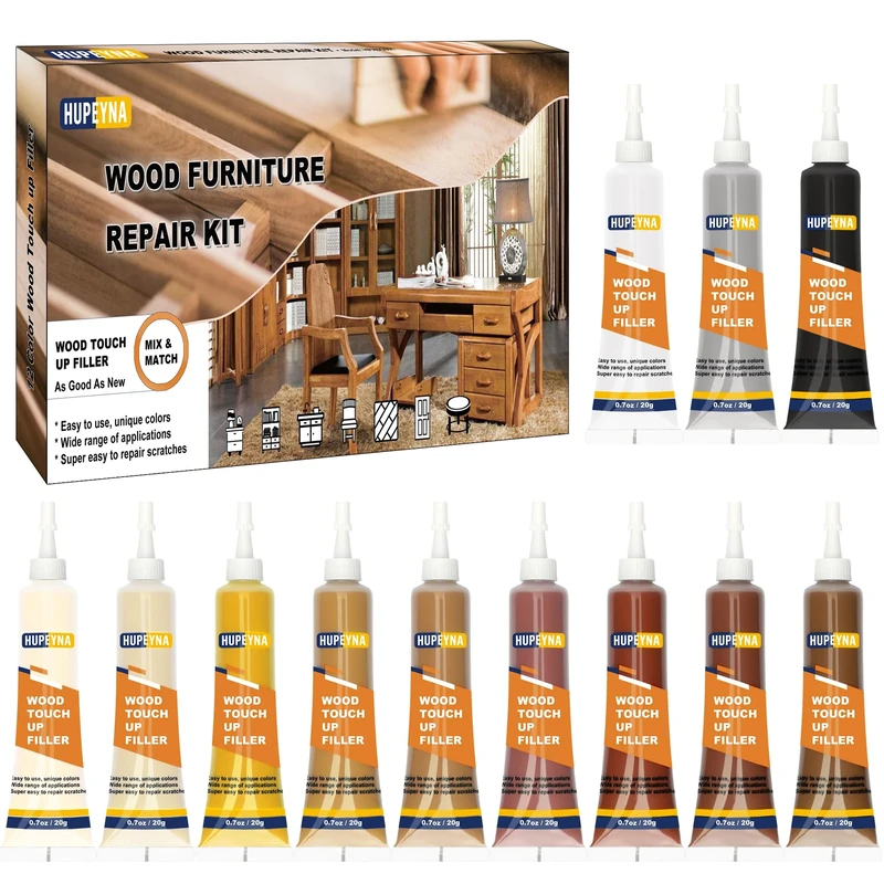 Hupeyna Wood Furniture Repair Kit, 12 Colours Wood Repair Kit, Wood Touch up Fillers, Repair Scratch, Cracks, Discoloration for Wooden Cabinet, Floor, Door, Table Surfaces Wood Filler Paint