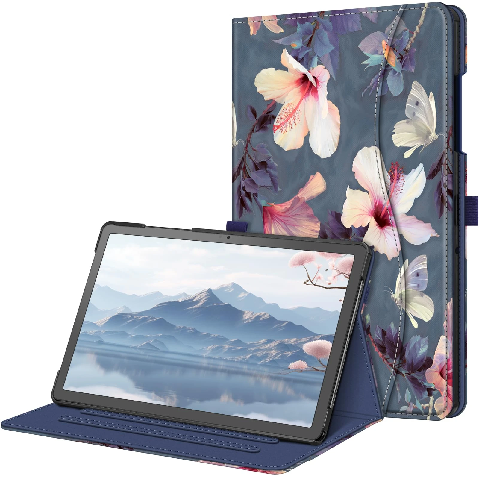 FINTIE Case for Samsung Galaxy Tab A9 Plus 11 Inch 2023, Multi-Angle Folio Protective Case Document Compartment and Auto Sleep/Wake Function for Tablet A9+ SM-X210/X216/X218, Flowering Hibiscus