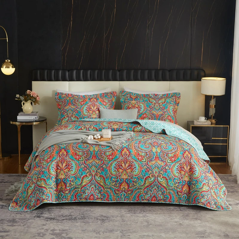 100% Cotton Boho Quilt Set Queen Vibrant Bohemian Paisley Bed Coverlet