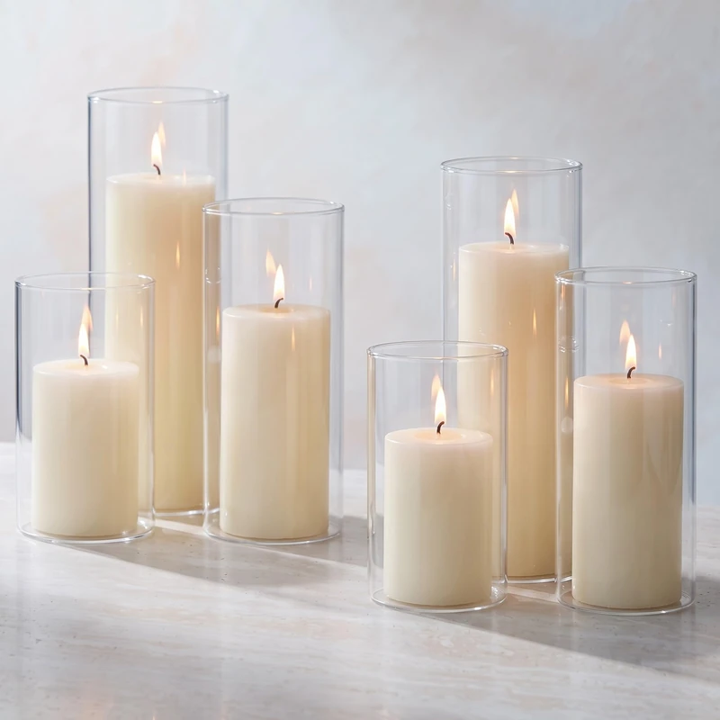 Shihanee Set of 6 Pillar Candles and Glass Cylinder Vases Clear Cylinder Candle Holders for Slim Tall Pillar Candles Wedding Centerpieces(2.6'' x 4.7'', 5.9'', 7.9'',Ivory White)