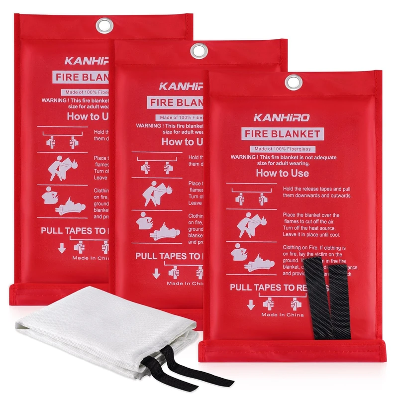 Emergency Fire Blanket for Home Kitchen - KANHIRO Fiberglass Fire Suppression Blanket Great for School, Fireplace, Grill, Car, Office, Warehouse (3 Pack, 39 in X 39 in)