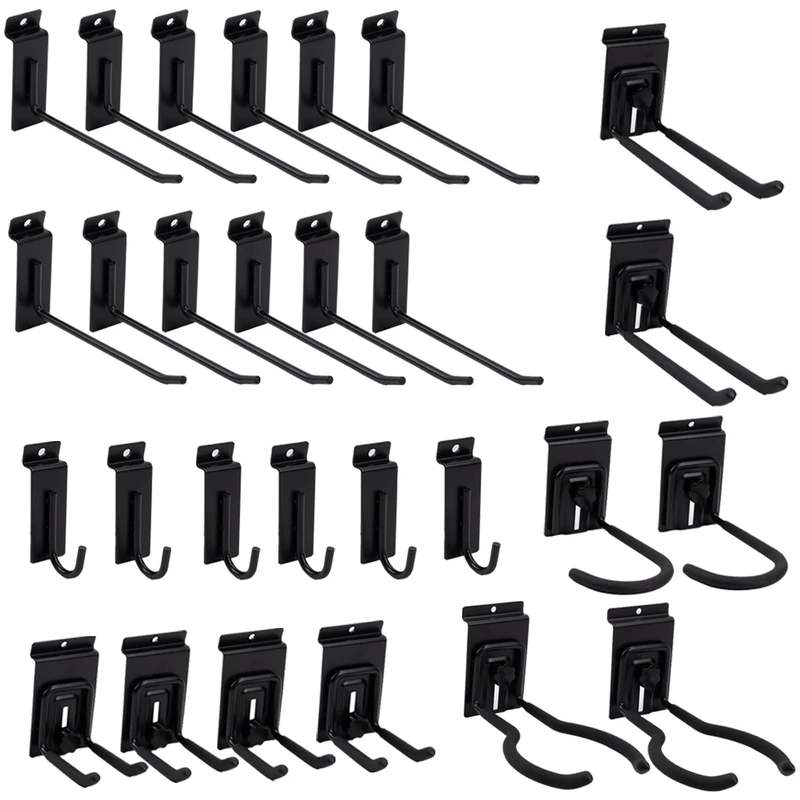 Slat Wall Accessories 28 PCS Garage Hooks Heavy Duty Slatwall Panel Hook Locking Bike Hook for Slat Wall Hooks for Hanging Ladder Storage System Black Accessory for Power Tools Organizer