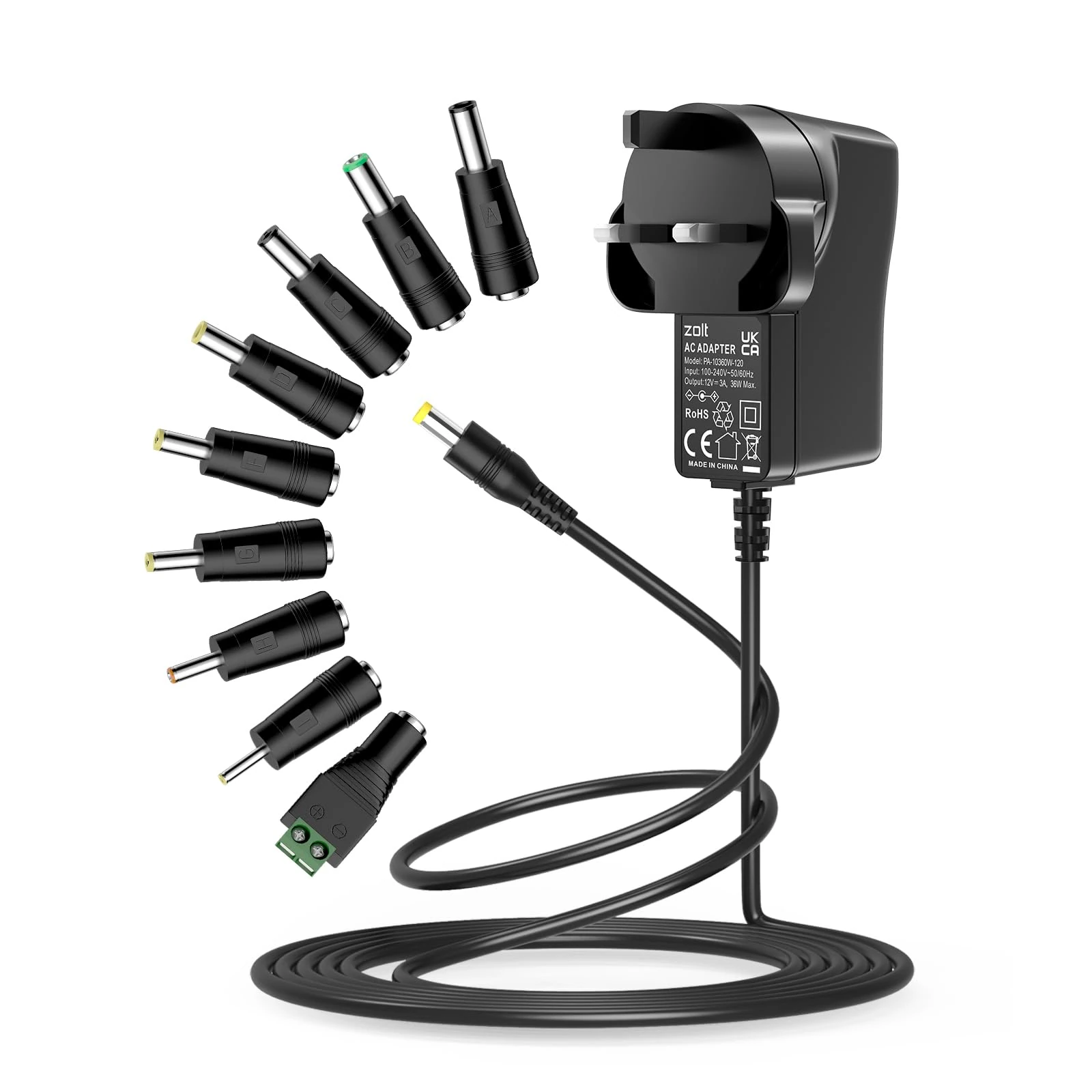 Zolt 12V 3A Power Supply Universal AC DC Adapter Transformer with 9 DC Connectors for 12V 1A 2A 3A Household Electronics, 36W Max.