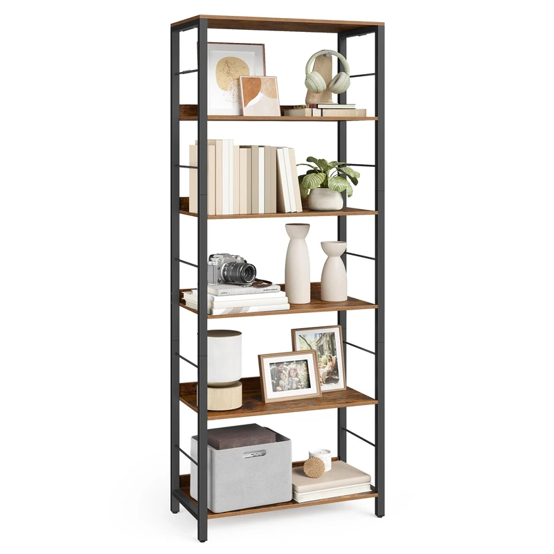VASAGLE 6-Tier Bookcase, Book Shelf, Bookshelf, 30 x 60 x 178 cm, Shelving Unit, with Back Panels, Industrial, for Living Room, Study, Home Office, Rustic Brown and Ink Black LLS118B01
