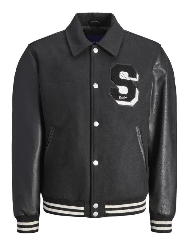 JACK & JONES Men's Jorcarter Varsity Wool Blend Bomber Noos College Jacket, Black, L, black, L - Image 1