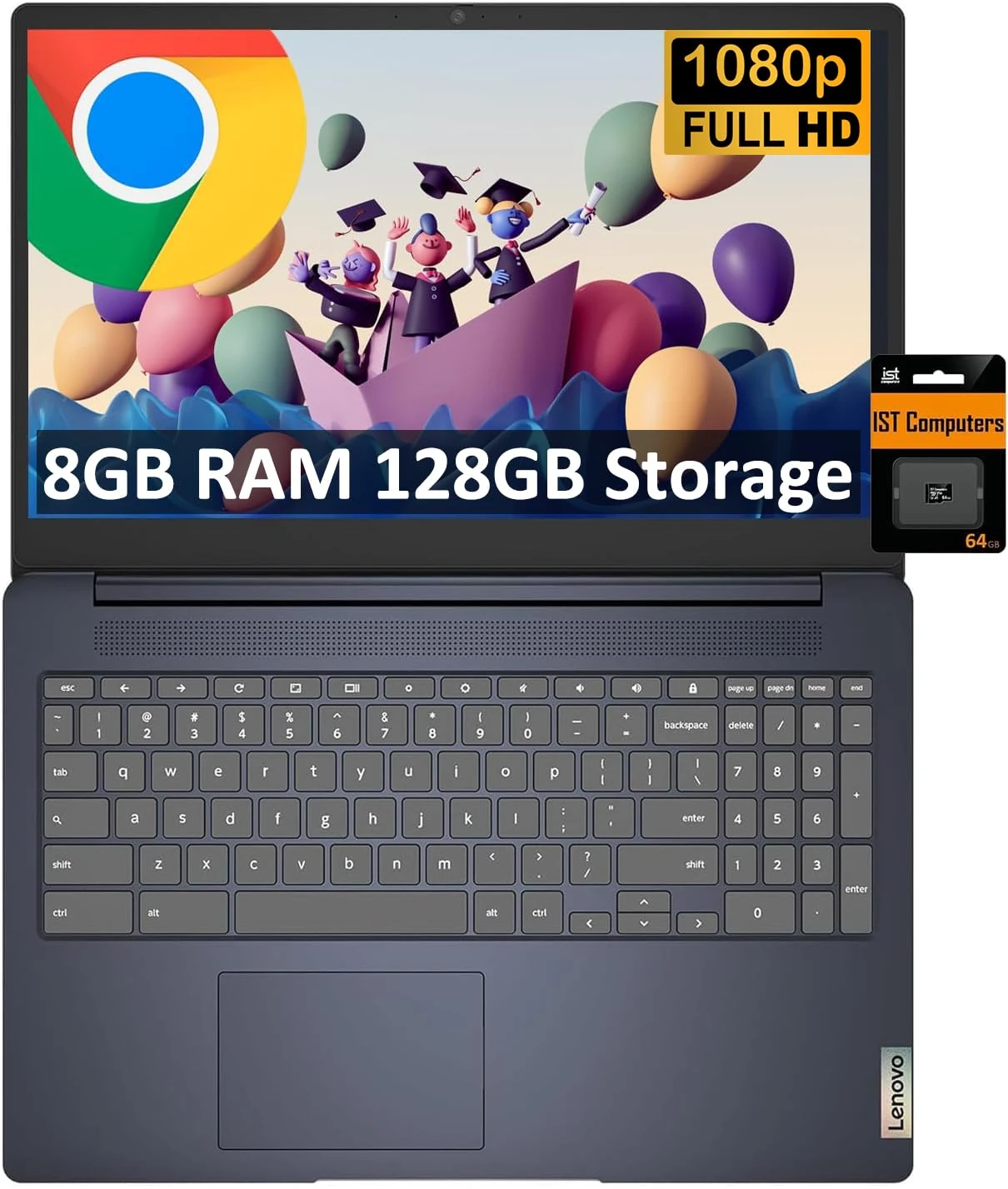 Lenovo Chromebook 15 Ideapad 3i (15.6" FHD, 8GB RAM, 128GB Storage (64GB eMMC + 64GB SD Card), Intel Celeron), Home & Student Laptop, Numeric KB, Webcam, 10-Hr Long Battery Life, Chrome OS, Abyss Blue