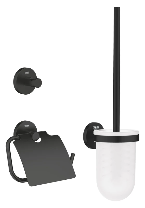 GROHE Start QuickFix 3-in-1 Toilet Accessories Set (Toilet Roll Holder with Cover, Toilet Brush, Robe Hook), Extra Easy to Fit with GROHE QuickGlue, Matt Black, 412042430