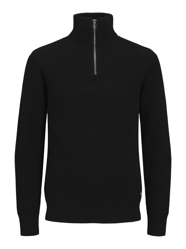 JACK & JONES Male Cardigan with Quarter Zip RDD Plain Quarter Zip Cardigan, Black, M