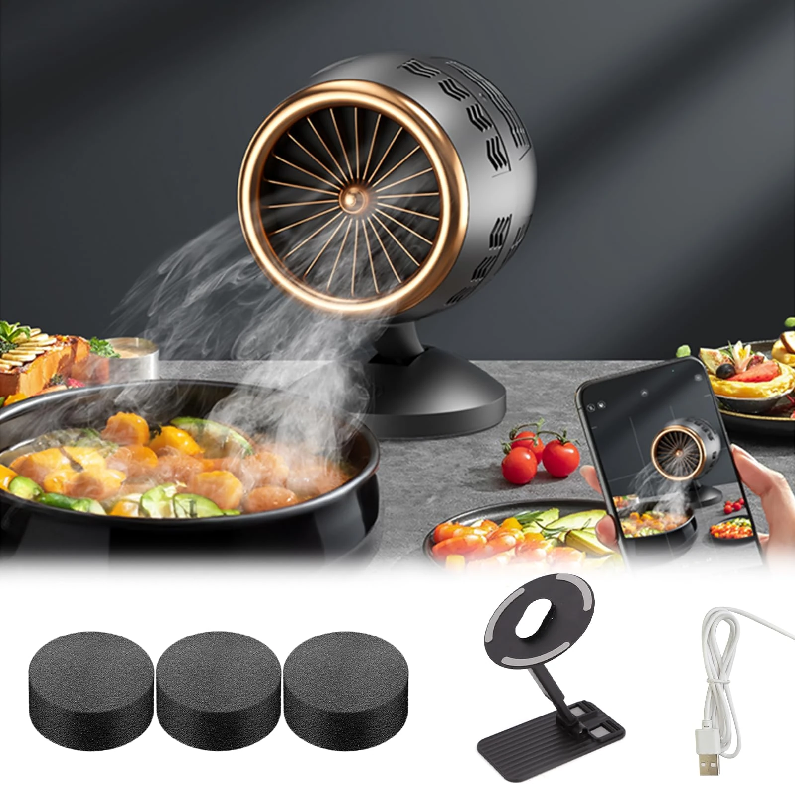 Mini Portable Range Hood, Desktop Cooker Hood, Small Kitchen Exhaust Fan with Changeable & Washable Filters for Home Kitchen Indoor BBQ Hot Pot, 2-Speed Strong Suction Capacity & Low Noise, USB Plug