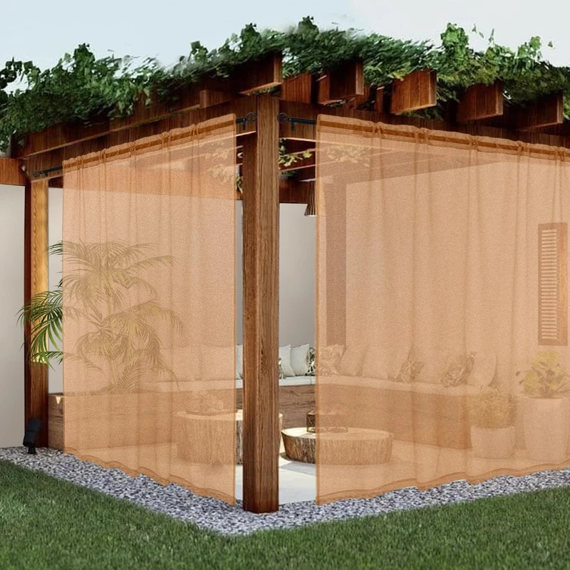 youleyar Sheer Outdoor Curtains for Patio Waterproof 2 Panels Linen Look Rod Pocket Indoor Beige Voile Curtain for Living Room, Bedroom, Porch, Pergola, Cabana, Gazebo(100x84 Inch, Beige)