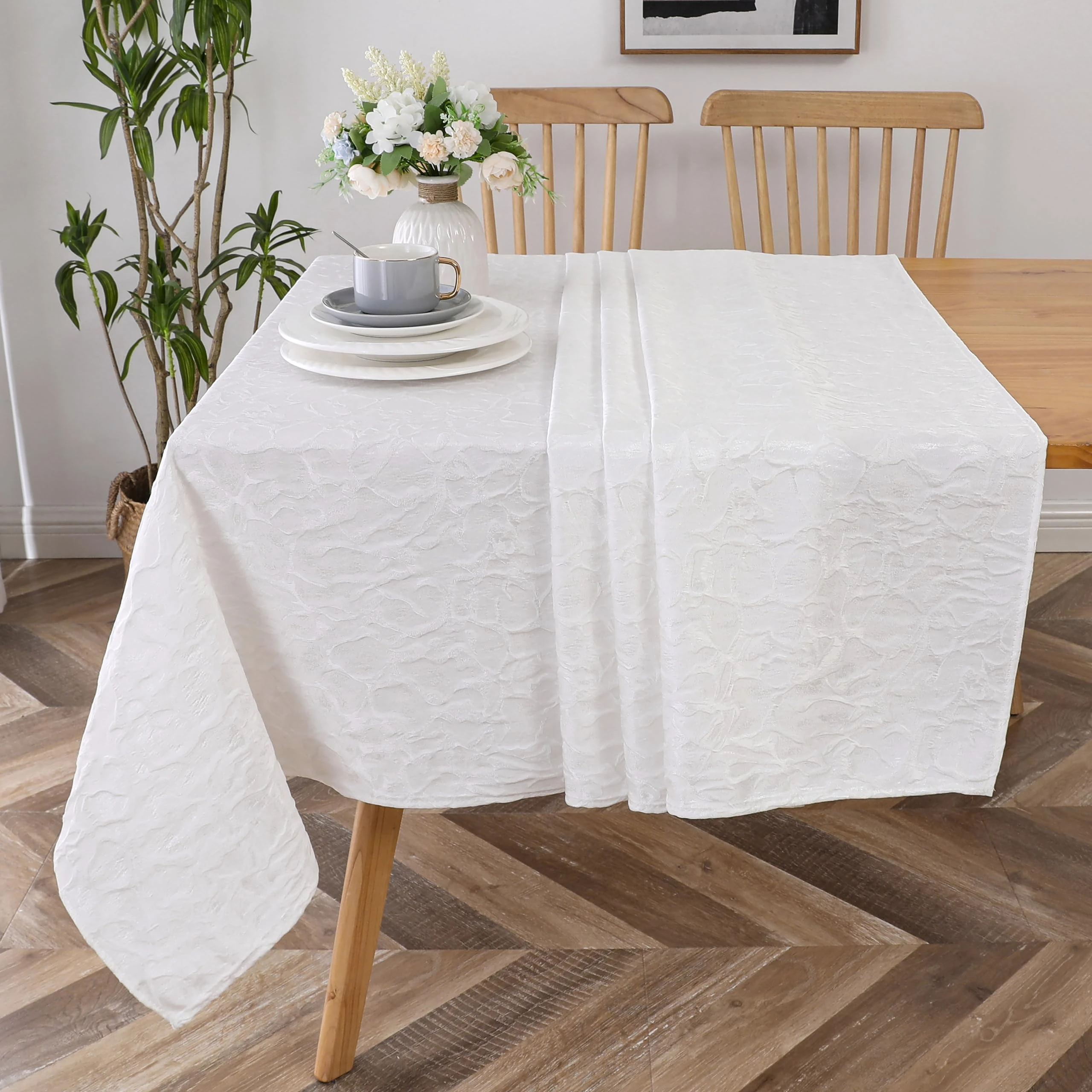 Majestic Giftware Polyester Tablecloths for Rectangle Tables | (70/180) - TC1378 Jacquard Fluffy - White Hem Stitch Dining Table Cover | Decorative Washable Tablecloth for Kitchen & Dining